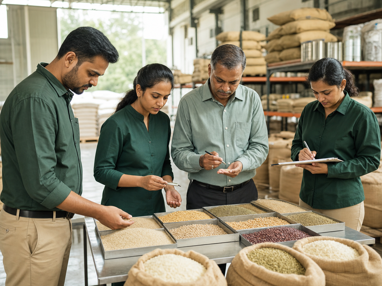 Quality team inspecting rice, grains and pulses in a warehouse