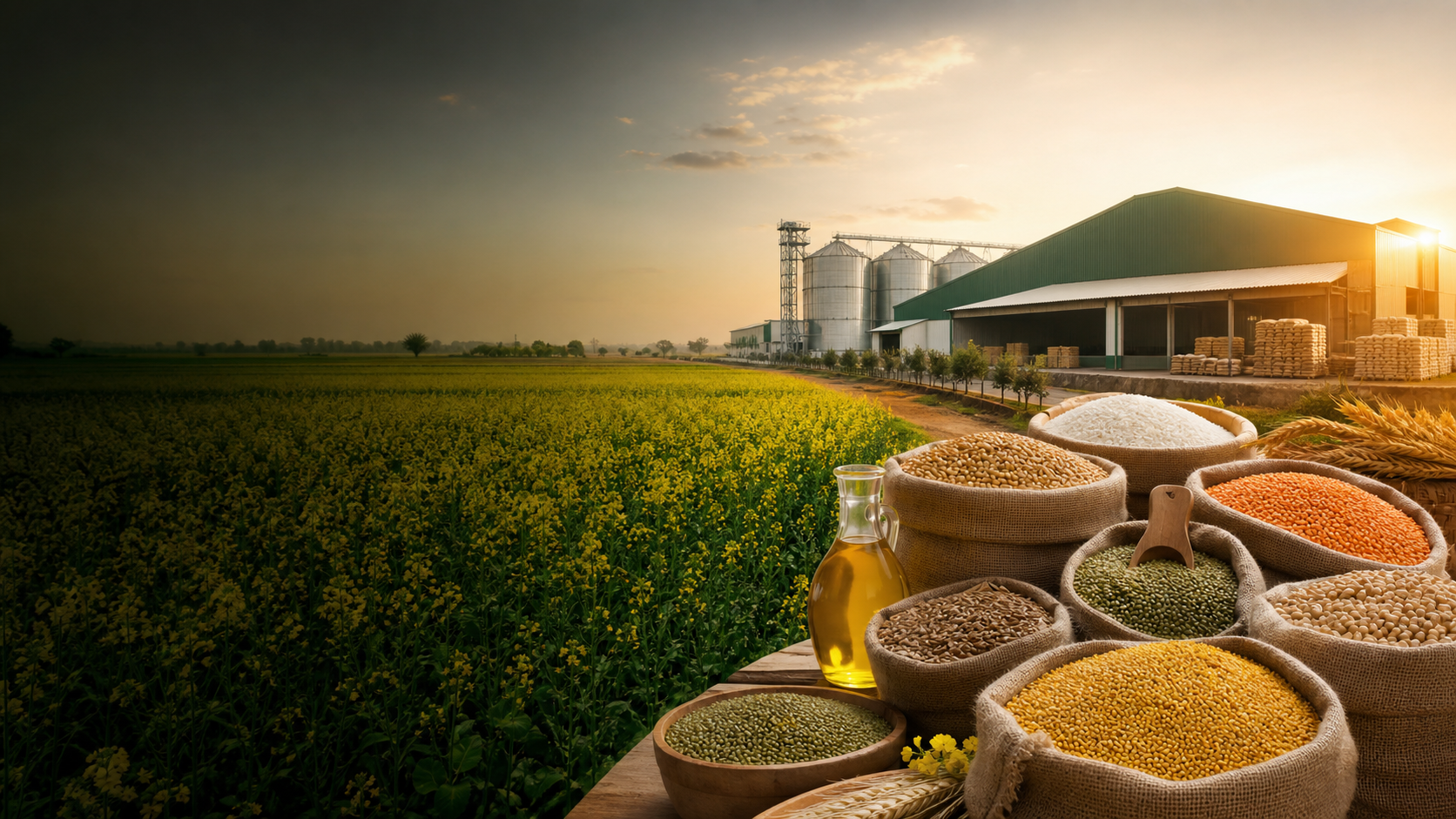 Food commodities, mustard field and modern supply facility